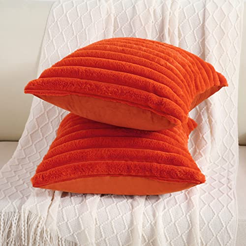 FUTEI Burnt Orange Striped Decorative Throw Pillow Covers 22x22 Inch Set of 2,Square Winter Decorations Couch Pillow Case,Soft Cozy Faux Rabbit Fur & Velvet Back,Modern Home Decor for Bed