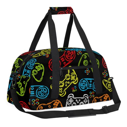 Kids Overnighter Duffel Bags for Boys Girls, Games Joystick Carry-On Size Sports Gym Bag with Front Zipper Pocket for School Practice or Overnight Travel Weekender Sleepover Tote Bag