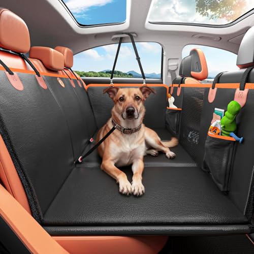 Ebuty ペットドライブシート【座席硬化 落ち防止】後部座席 車 犬 シートカバー 大型犬 防水 滑止め ハーネス付きドライブベッド 丈夫 汎用版 空間拡張 可視メッシュ窓 リード 傷つきにくい 取り付け簡単 折り畳み式 カバー くるまシート 洗濯可 旅行 キャンプ アウトドア 犬を車に乗せるグッズ 軽自動車 夏 132x63cm (ブラック+ オレンジ)