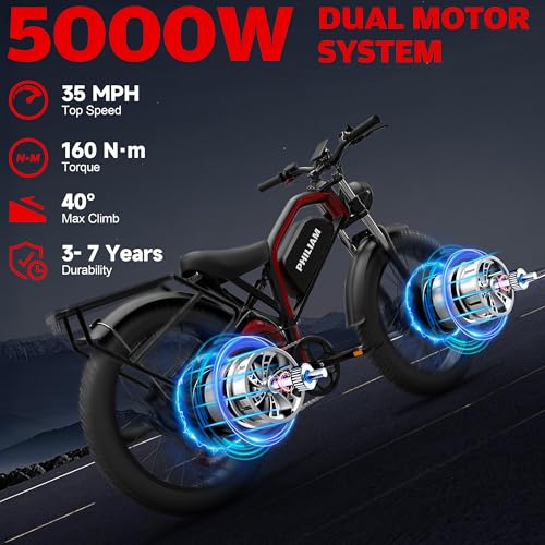 Image of Electric Bike for Adults,5000W /3000W Peak Dual Motor ebike 35MPH E Bikes for Men Women,52V 32 /23AH Battery, 80 /100 Miles Range Ebike,26 inchFat Tire Full Suspension E-Bike