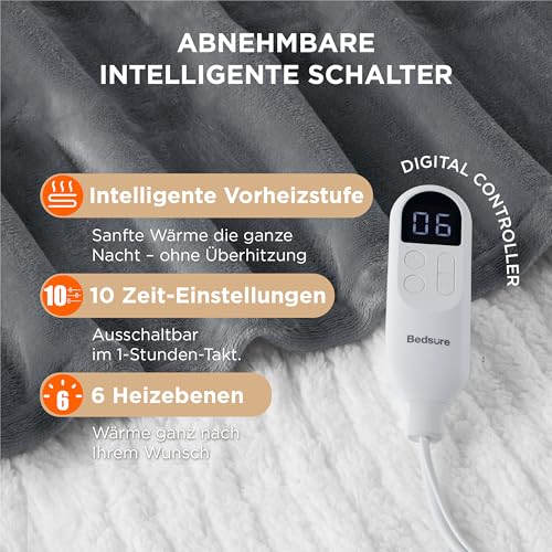 BEDSURE Heizdecke Wärmedecke Elektrische Kuscheldecke - Geschenke für Frauen - mit Abschaltautomatik, 6 Heizstufen & 10 Stunden Timer - bis zu 8 Stunden Überhitzungsschutz für Home & Office, Grau