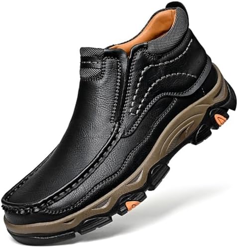 Tokouk Mens Breathable Hand Stitching Leather Slip On Ankle Boots, Classic Outdoor Moccasin Chukka Boots Non-Slip Casual Hiking Boots - Image 3