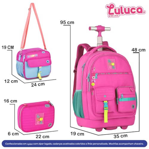 Kit mochila Luluca de rodinhas grande com Lancheira e estojo e garrafa Rosa