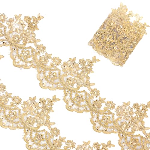 3Yard 5.31in Gold Lace Trim for Sewing Sequined Gold Lace Ribbon with Sequin Flower Embroidery Can be Cut Metallic Laces for Sewing Decoration DIY Dresses Gowns Weddings Parties