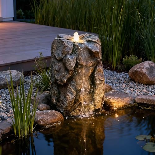 Künstlicher Quellstein Felsen mit LED Beleuchtung OG-KQS001 Realistische Steinoptik, inkl. 2 m Schlauch – Wetterfest für Teich & Bachlauf Wasserfall