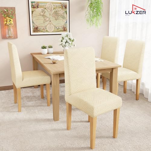 Image of Lukzer Elastic Dining Chair Cover - 4PC Pastel Yellow Abstract | Textured High Stretch Jacquard Seat Cover | Removable Washable Short Dining Chair Cover Protector Seat Slipcover | (CC-170-04)