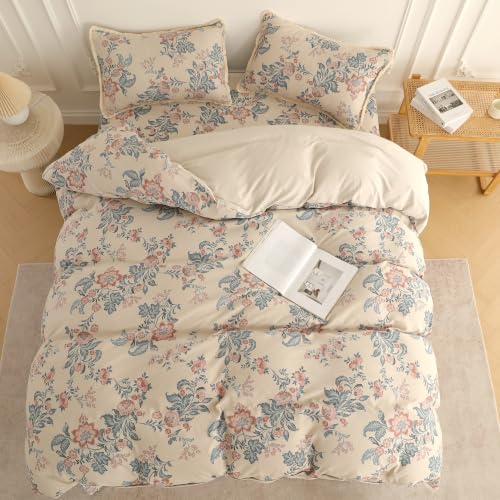 Image of Story@Home King Size Bedcover Set | 400 TC Microfiber Bedding Set with 1 Duvet Cover 1 King Bedsheet 270 x 250 cm & 2 Pillow Covers | Soft Durable Duvet Cover Set Floral Pattern | Beige Blue