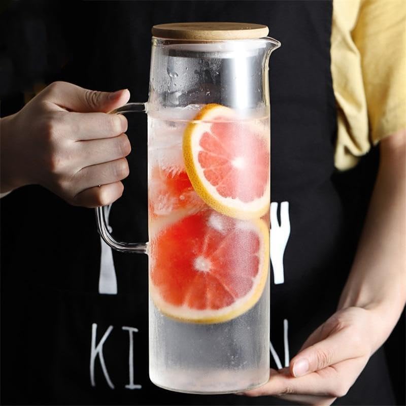 Image of Borosilicate Glass 1 LTR Water Jug with Handle, Juice Beverage Carafe with Bamboo Lid, Big Glass Iced Tea Pitcher, 1 Pcs Set (Borosilicate 1 Liter Stright)