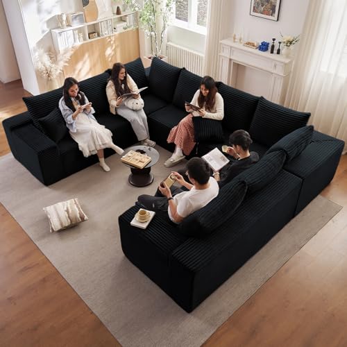 Image of Cloud Modular Sectional Sofa for Living Room, 139.7x110 Oversized U-Shaped Couch with 12 Pillows, Big Comfy Couches Set, Fluffy Deep-Seat Corduroy Sofa, No Assembly (Large U-Shaped, Jet Black)