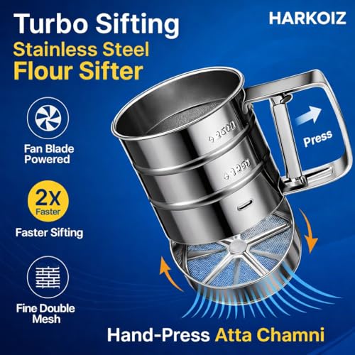 Image of Stainless Steel Flour Sifter for Baking Hand Press Atta Channi Flour Sieve with Fine Mesh Screen Rust-Proof Large Capacity Baking Sifter for Atta, Maida, Sugar, Cocoa Powder Kitchen Baking Tools