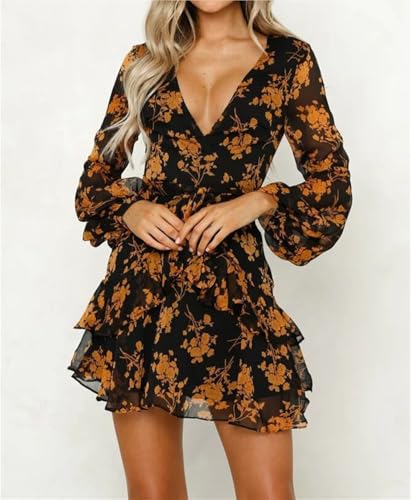 Mini vestido feminino fofo com decote em V e bolso manga comprida babado elegante vestido casual de