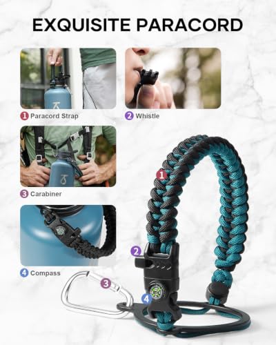 Botella de agua aislada Trebo con 3 tapas, asa de paracord y bolsa miniatura 4