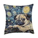 Cute Pug Starry Night Painting Dog Art Throw Pillow
