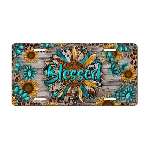 Blessed Sunflower License Plate for Women – Turquoise Teal Leopard Rustic Floral Car Tag – Cute Western Cowgirl Aesthetic Decorative Front Plate for Truck SUV