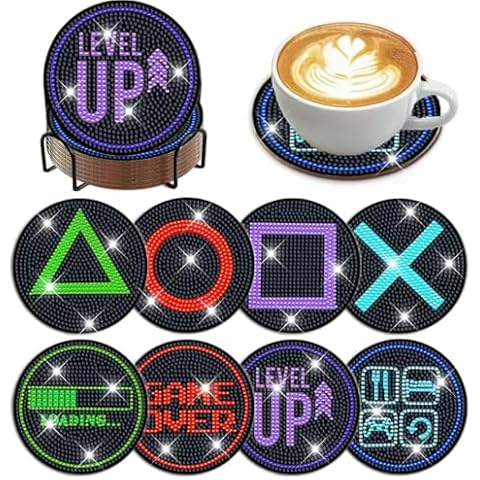 8 Pcs DIY Games Diamond Art Painting Coasters with Holder, Gaming Coasters Diamond Art Kits for Adults Beginners. Diamond Craft Supplies Coasters for Drinks. GM06 Cover