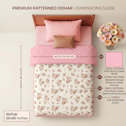 Image of HOMEKART Luxury Cotton Dohar Blanket for Single Bed | Ultra Soft Reversible AC Quilt | Floral Printed Lightweight Summer Blanket | 58x88Inches (Terracotta Pink)