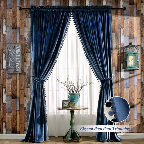 Image of Melodieux Pom Poms Wide Velvet Curtains for Living Room Patio Doors, Vintage Luxury Bedroom Rod Pocket Thermal Insulated Window Drapes, 100 inch W x 96 inch L, Royal Blue (2 Panels)