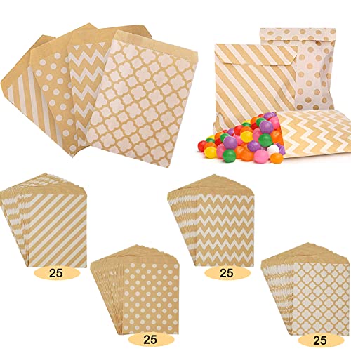 Ruucy 100 Pcs Sachet Bonbon Papier, Petit Sac Papier Kraft Alimentaire13x18cm, Pochette Cadeau Craft pour Biscuits, Pain, Pop Corn, Donut, Cadeaux, Candy Bar Decoration