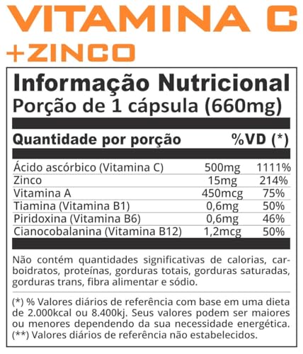 Vitamina C 500mg + Zinco 15mg + Vitamina A, B1, B6 e B12-60 Cápsulas - The One Supps