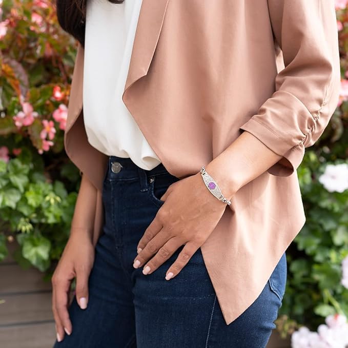 Divoti Olive Stretch Medical Alert Bracelet for Women | Custom Engraved, Filigree Bracelet | 4-Line Personalized Emergency ID | Elegant Rolo Chain with Lobster Claw - Image 4