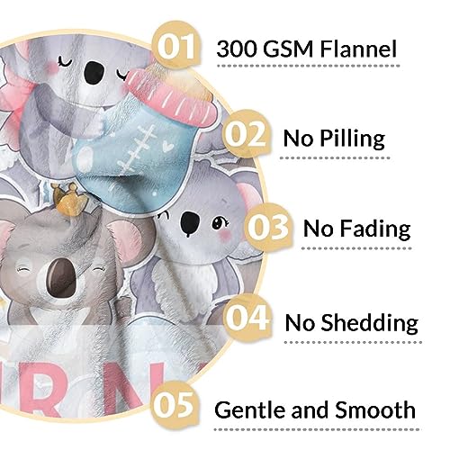 Personalized Koala Blanket Gifts with Name - 50"x60" Cute Throw for Women, Girls - Colorful Soft Fuzzy Blankets for Bed, Couch & Living Room