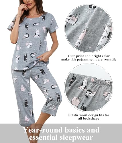 Image of PNAEONG Women Pajama Set Sleepwear Tops with Capri Pants Casual and Fun Prints Pajama Sets