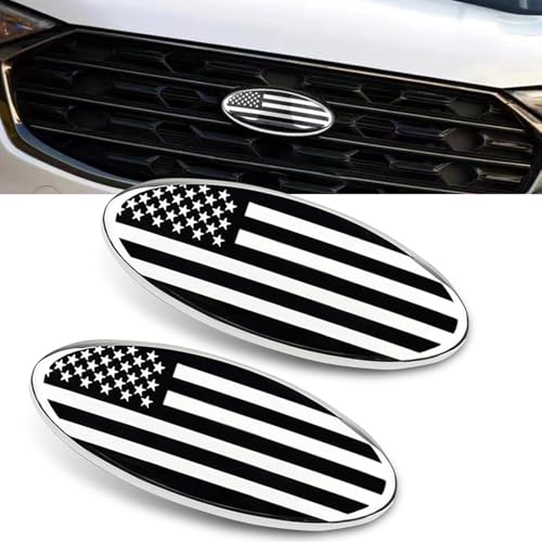Image of Pack-2 Car Front Grille Badge Decoration, 9 inch x 3.5 inch ABS Base + Metal Rust-Proof American Flag Patriotic Personalized Label, Self-Adhesive Accessory, Compatible with Ford F150 F250 (Silver)
