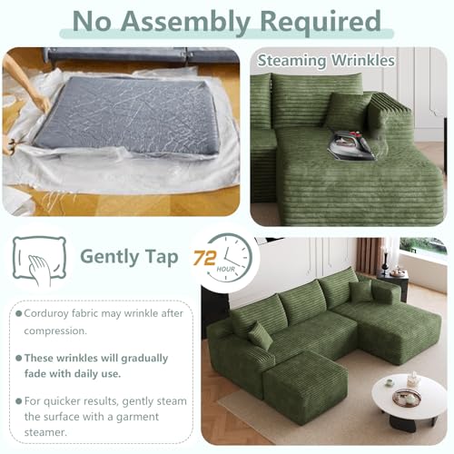 Image of 95 inch Modular Sectional Sofa with Ottoman, Modern Corduroy Cloud Couch with Deep Seat, Boneless Couch Upholstered 3-Seater U-Shaped Sofa for Living Room, No Assembly (Green,Right-Facing Chaise)