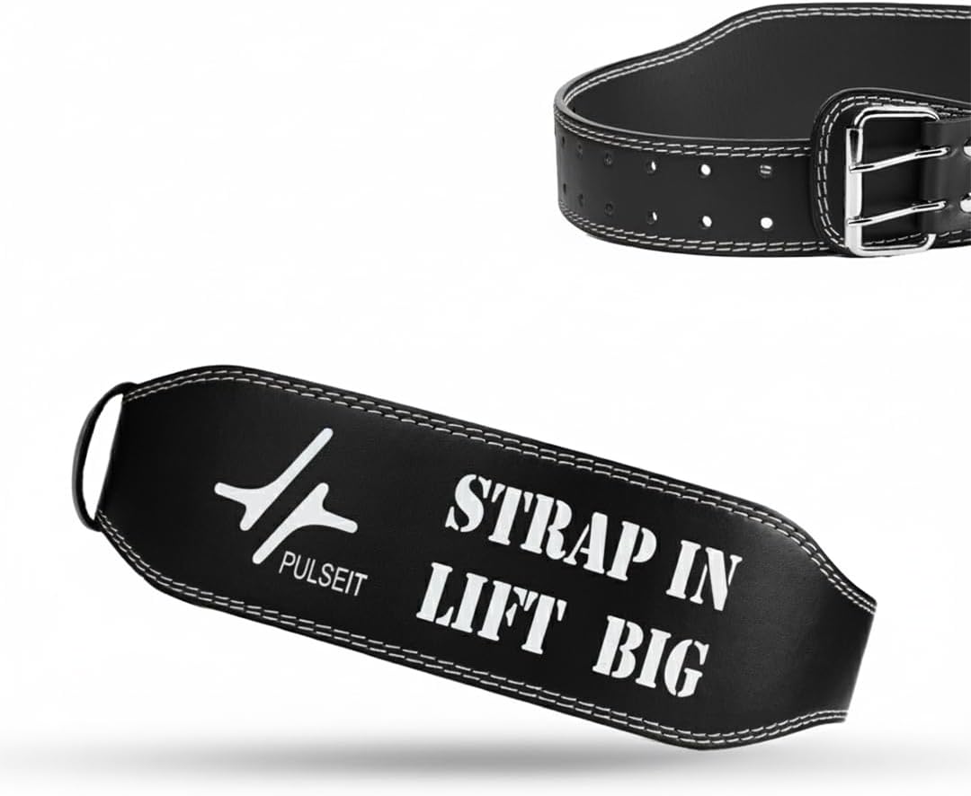 PULSEFIT Weightlifting Belt, Black Leather, Double Prong Buckle, Strap In Lift Big Design