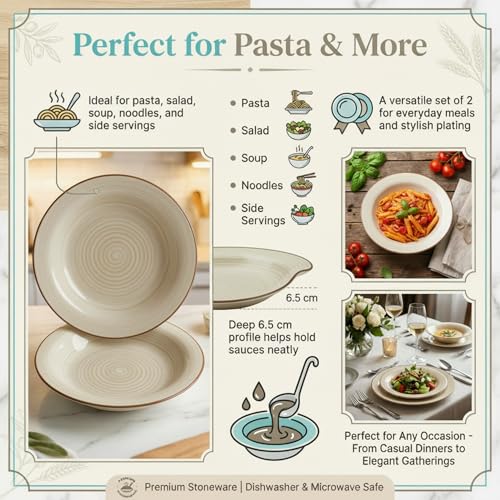 Image of Ceramic Pasta Bowls Set of 2 | 7 Inch Handmade Deep Soup Plates | Microwave Oven Safe Serving Bowls | Floral Hand-Painted Stoneware Salad Bowls (2, Beige)