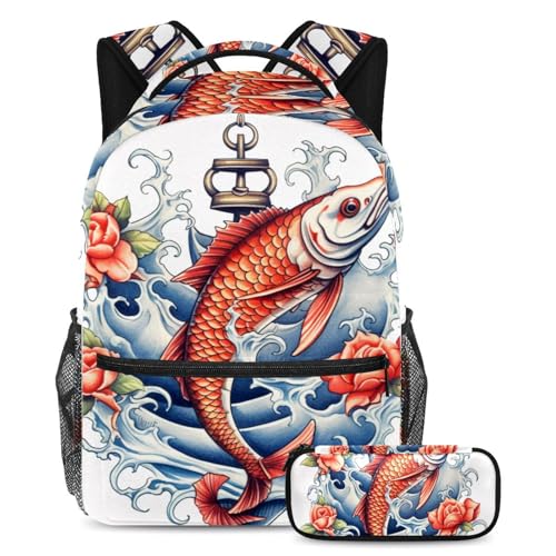 Cartable carpe rouge vintage chinois en lot de 2 avec trousse scolaire grand format