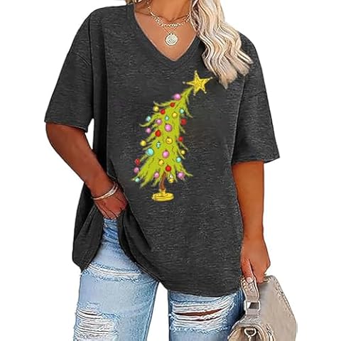 FCHICH Plus Size V Neck Merry Christmas T Shirt Women Cute Xmas Trees Graphic Tee Casual Loose Fit Holiday Tops Blouse (4XL, Gray7) Cover