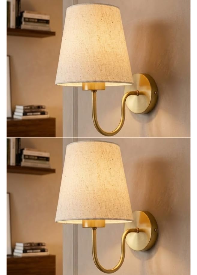 Image of Elegant Wall Lamp with Fabric Shade & Gold Metal | E-27 Holder Base and Bulb | Classic Indoor Wall Lamp for Bedroom, Living Room & Hallway (Pack of 2) (Without Bulb)