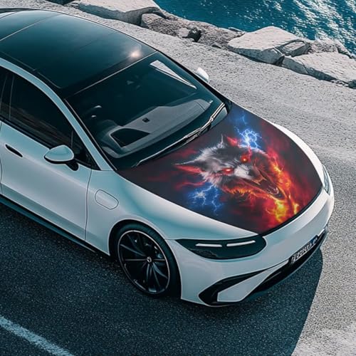 Image of Car Hood Cover Protector 59x39 Inch Stretchable Car Hood Wraps Lightning Flame Wolf Design Waterproof Automotive Accessories for Most Sedans SUV Trucks Minivan