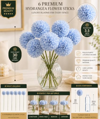 Image of Divyakosh Artificial Hydrangea Flower Sticks for Vase (Vase Not Included), Pack of 6, 3.5 Inch (8.9 cm) Large Bloom, Sky Blue Artificial Flowers for Home Decor, Decorative Artificial Dahlia Flowers