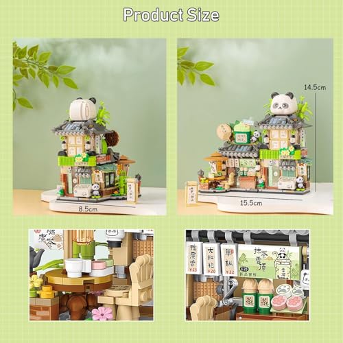 Image of SKY LINE OCEAN Japanese Tea Shop Mini Building Bricks Set (860PCS) - Street View Panda Cafe Architecture Model | 6 Months Structural Warranty