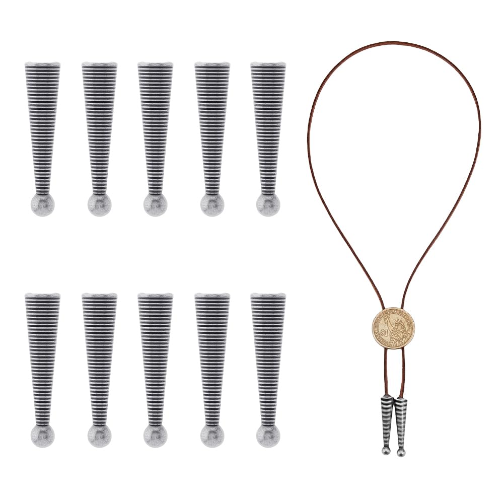 SUPERFINDINGS 10Pcs 35mm(1.38icnh) Bolo Tie Tips Antique Silver Bolo Cap Buckle Replacement Alloy Cord Ends Vintage Iron Bolo Tie Slide Clasps for Bolo Tie Making Neckalce DIY Crafts Clothes Decor