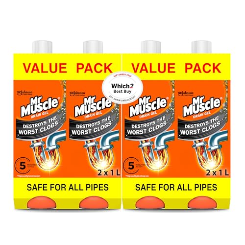 Mr Muscle Drain Unblocker, Sink and Drain Cleaner (4 x 1L) Fast Acting Heavy Duty Gel, Dissolves Clogs, Works 3x Better Than Bleach, Safe for All Pipes, (2 x Duo Pack)