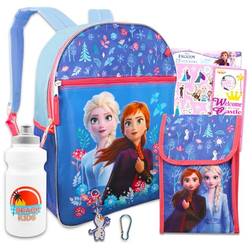 Disney Mochila Frozen com lancheira para meninas – Pacote com mochila Frozen, Lancheira Frozen, garrafa de água, adesivos, mais | Conjunto de mochila Frozen para crianças
