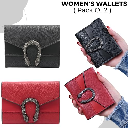 Image of Kraptick Women s Wallet Stylish Compact Purse Clutch with Card & Coin Holder Debit Card Organizer, Travel Wallet & Money Organizer for Women with 8 Card Slots (Black & Red) (Combo of 2)
