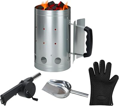 Palmhill Premium Charcoal Chimney Starter Set with Hand Crank Blower, Heat-Resistant Glove & Coal Shovel Fast & Safe BBQ Charcoal Ignition for Grilling, Camping, and Outdoor Cooking