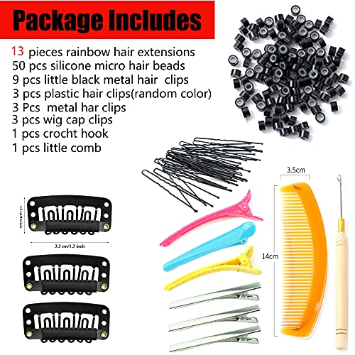 Yukayula 13 Pcs Synthetic Rainbow Hair Extensions Kit 20'' Colored Hairpieces With Tools 50 Silicon Micro Hair Beads 15 Hair Clips 1 Comb And 1 Crochet Hook Hair Tools Kit (20 Inches, Mix13) #TOP3