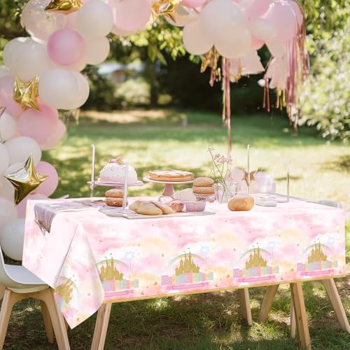 Image of Avezano 6 Pcs Princess Castle Tablecloth Rainbow Princess Birthday Table Cloth for Girls Women Birthday Party Decorations 108 x 54 Inch