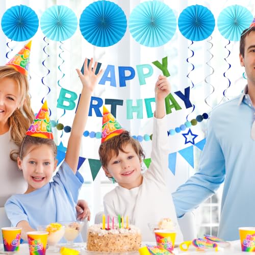 Image of CANREVEL 17 PCS Pre-Strung 3D Blue Happy Birthday Banner, Blue Streamers | Colorful Reusable Birthday Decorations for Women Men Girls Boys, Felt Happy Birthday Sign, Pom Pom Garland, Triangle Bunting