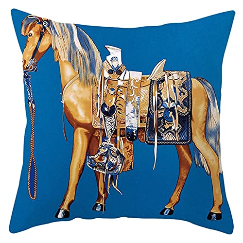 Daesar Taie d'oreiller, Housse de Coussin 50x50 Bleu Jaune Coussin Déco Cheval, Polyester