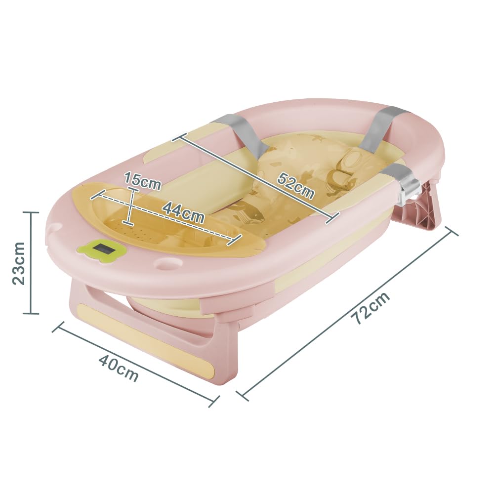 Bañera plegable para bebé con cojín de baño, ergonómica, antideslizante, para recién nacidos, bebés de 0 meses+, bañera termostática con alfombrilla de baño y gorro de ducha