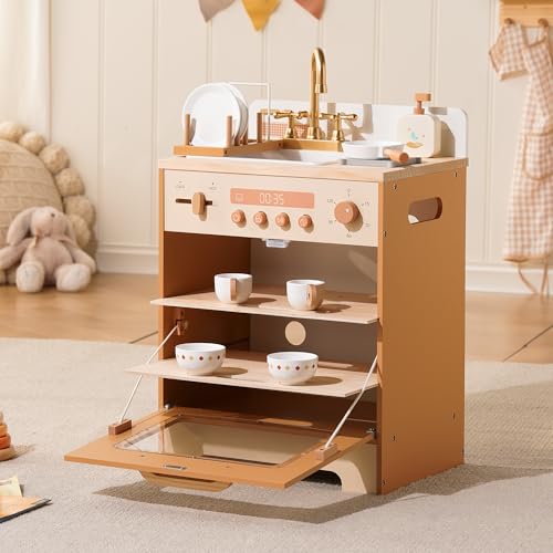 ROBOTIME Wooden Toy Dishwasher Sink Caramel Pretend Kitchen Toy with Gold Faucet Turning Knobs Dish Rack Plates Bowls Cups Montessori Wooden Play Kitchen for Girls Ages 3+