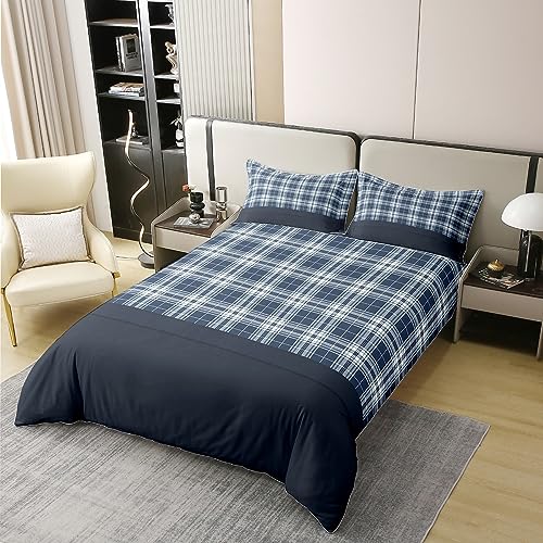 Geometric 100% Cotton Duvet Cover for Kids Boys Girls,Modern Navy Blue Checkered Bedding King,Southwest Vintage Comforter Cover,Retro Plaid Bed Sets with 2 Pillowcases for Bedroom - Image 2