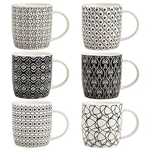 Okllen 6 Pack 115 Oz Coffee Mugs Geometric Textured Ceramic Coffee Mugs Stylish Tea Cup Mugs Set Gift for Latte Cappuccino Milk Water Cocoa Cereal Black and White