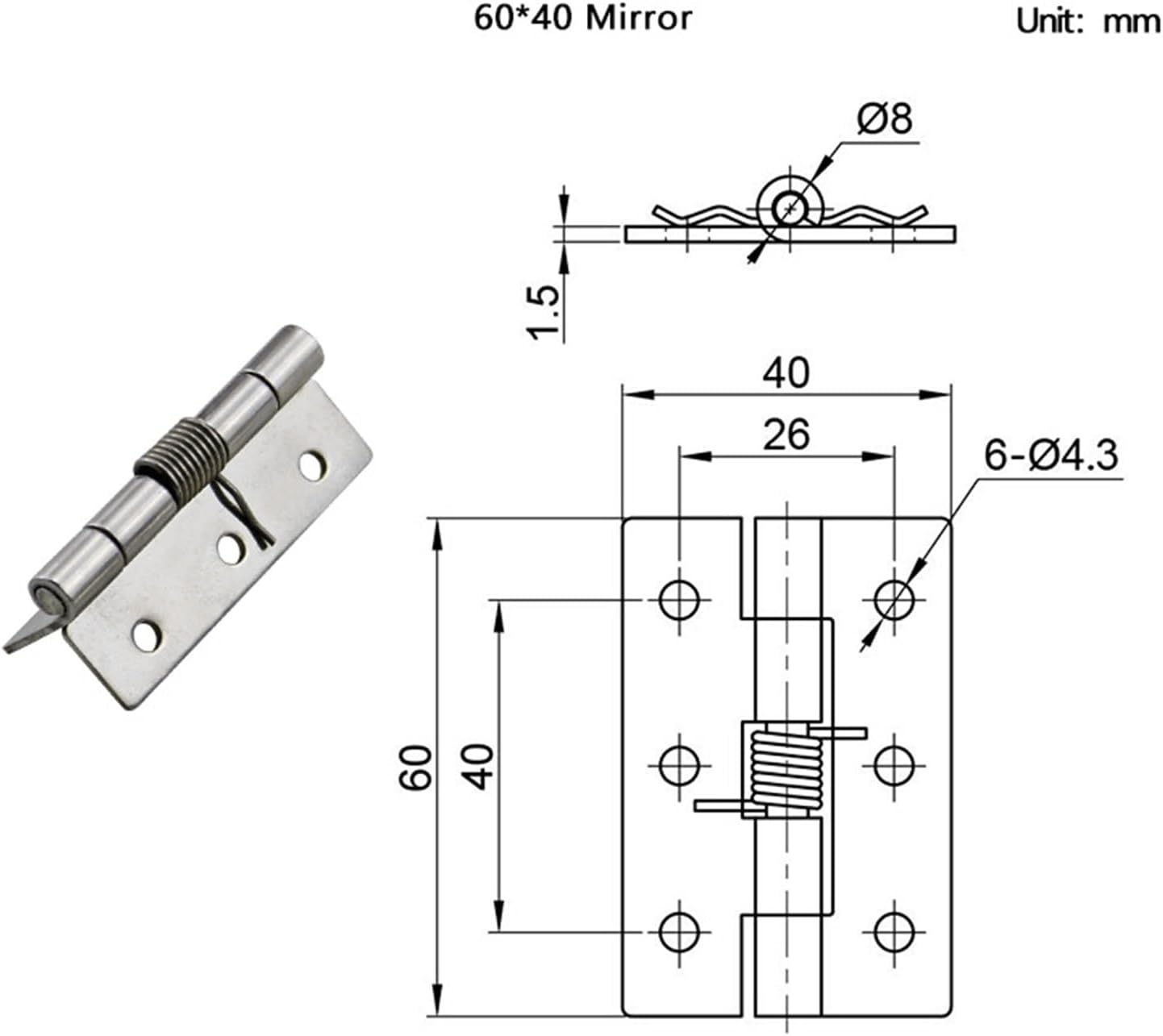 Industrial Equipment Spring Hinge 2.5 Or 1 Or 3 InchAutomatic Return 304 Stainless Steel 1Pcs(60x40 Mirror)